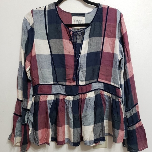 Thread & Supply Tops - Thread & Supply Plaid Velvet Trim Peplum Top, sz M